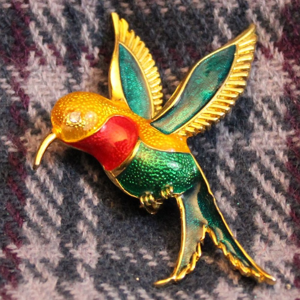 Enamel Rhinestone Gold-tone Hummingbird Pin Brooch - Picture 5 of 5